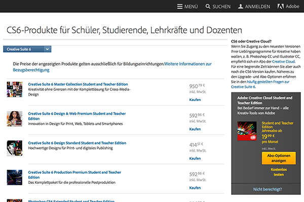 Adobe Creative Suite (CS6) für Schüler, Studierende, Lehrkräfte und Dozenten
